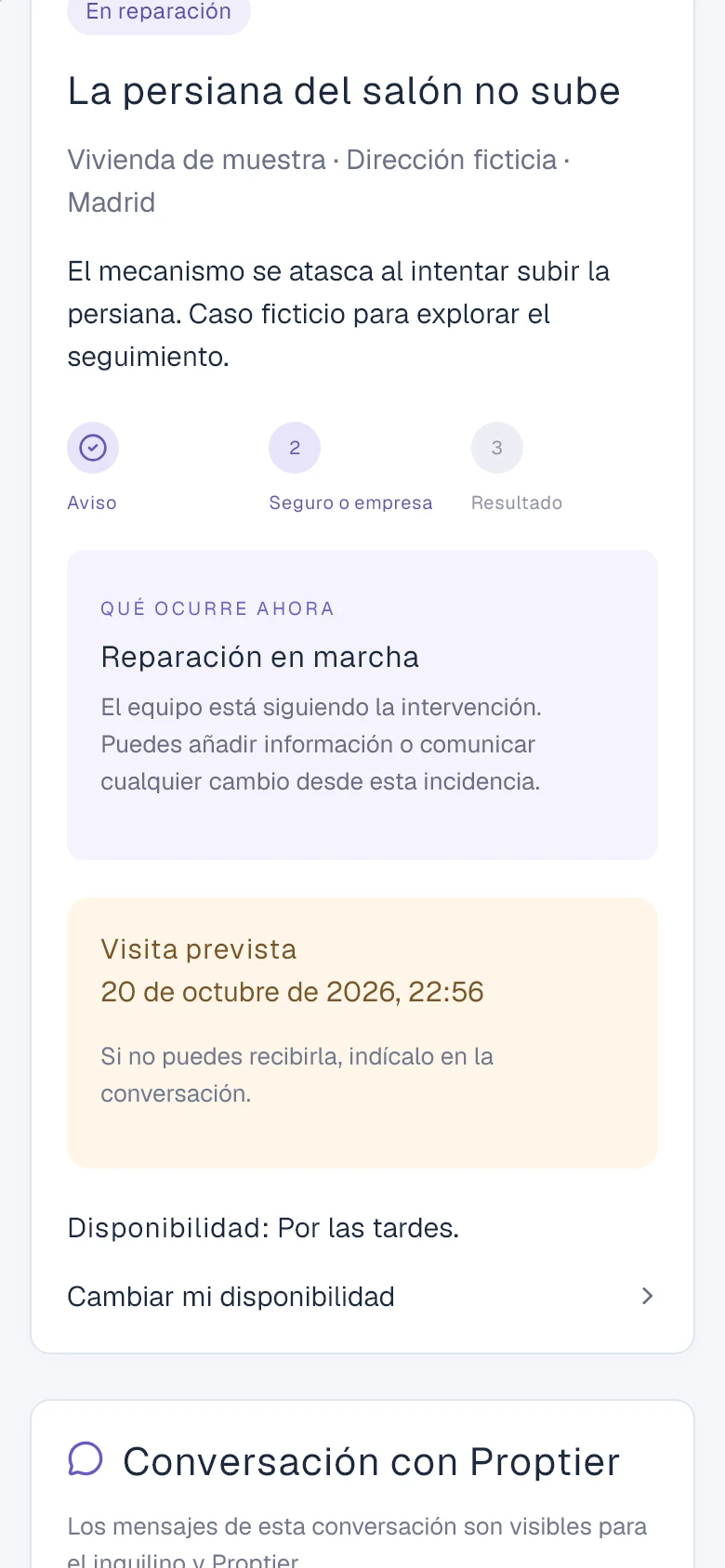 Seguimiento real en iPhone de una reparación de muestra: estado, próximos pasos y visita prevista