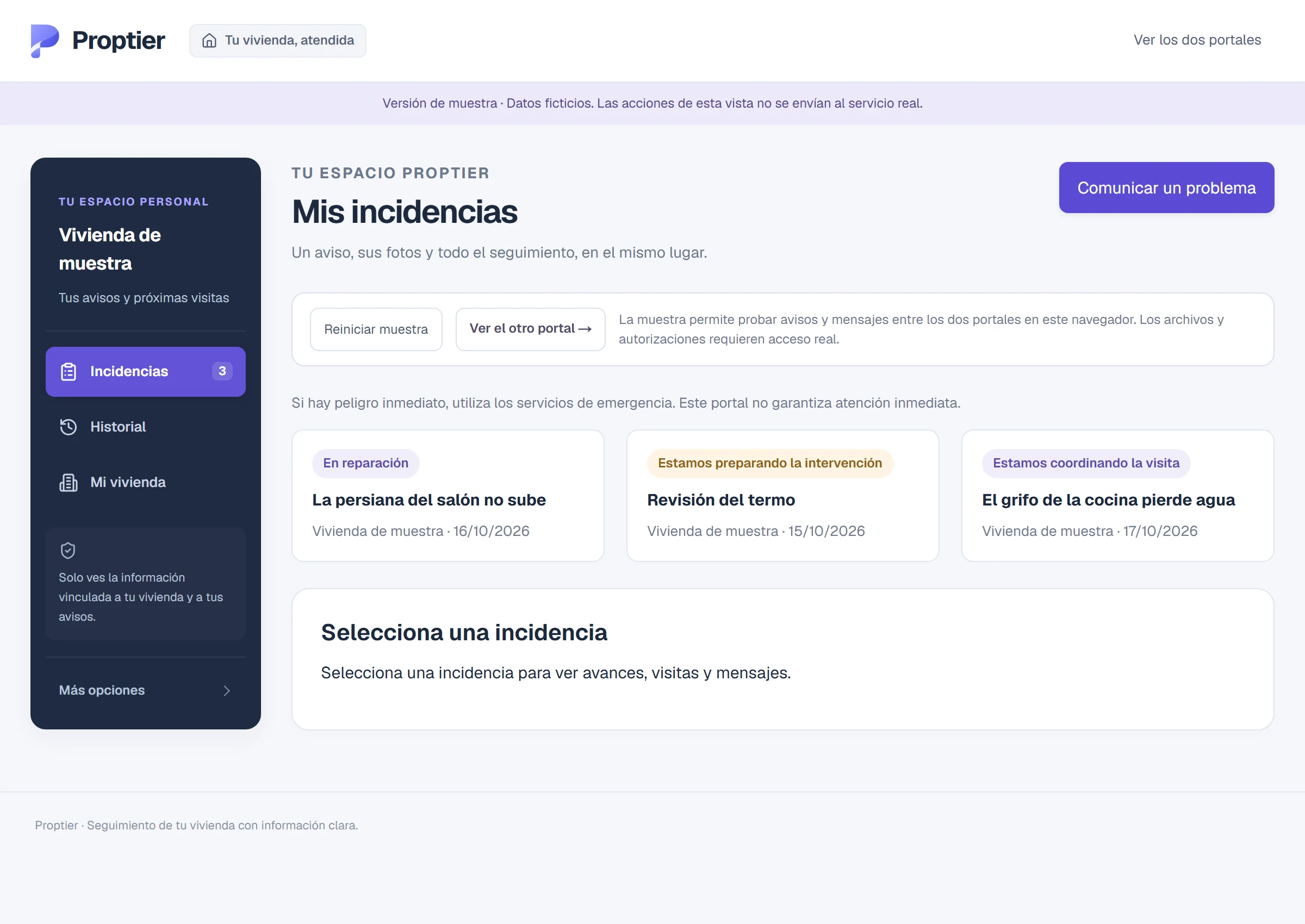 Portal real de Proptier con el estado de las incidencias de una vivienda ficticia